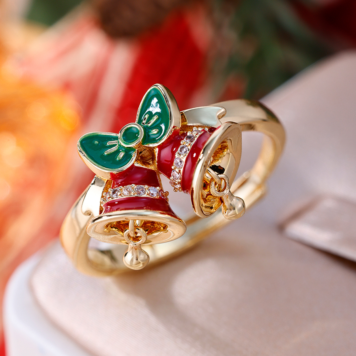 Women's Christmas-Themed Bell Ring, Copper Open Ring